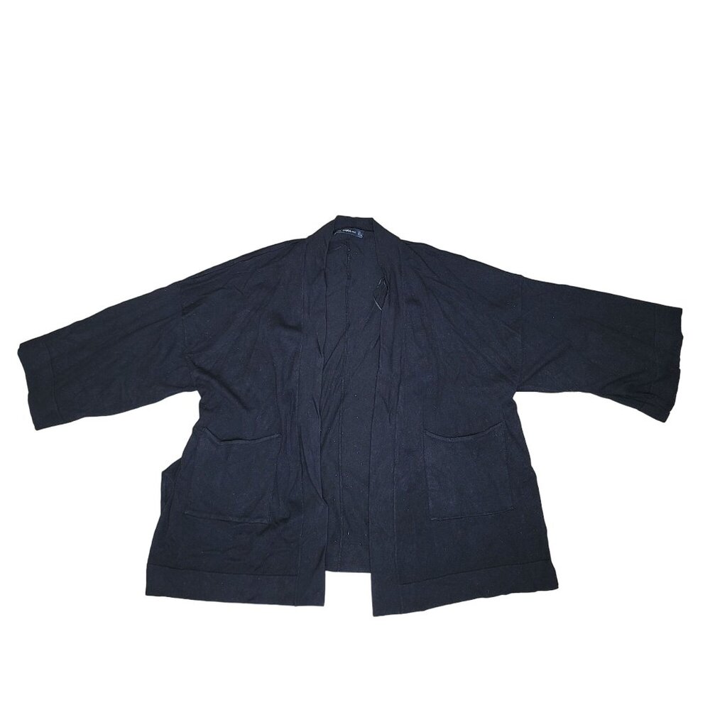 Zara Black Knit Open-Front Cardigan With Pockets Size L fall winter warm basic